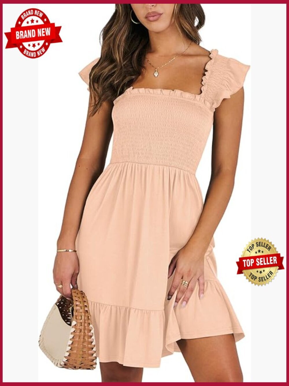 Women's Sleeveless Square Neck Smocked Ruffle Backless Boho Mini Sundress